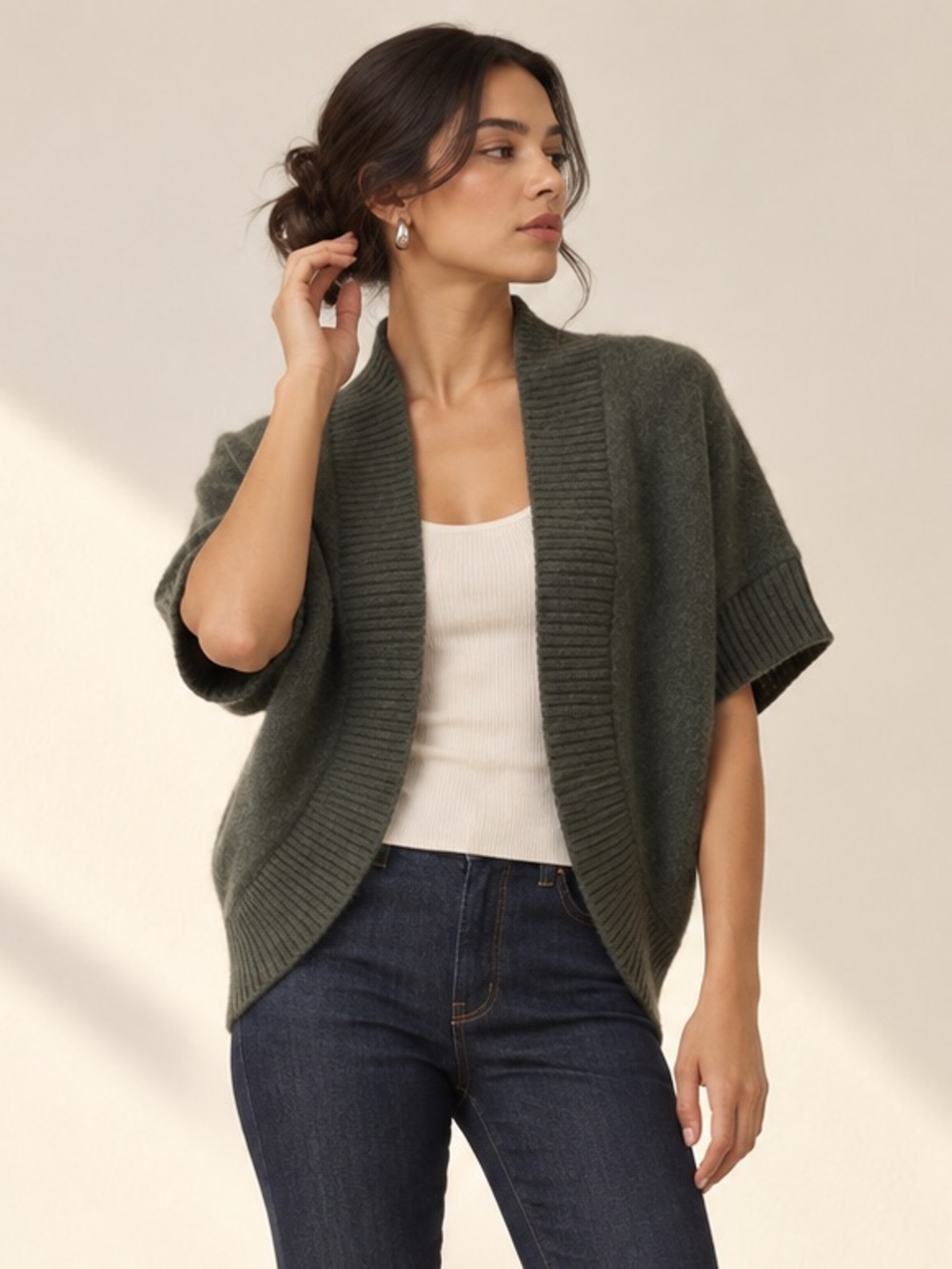 DKNY Pure Sculptural Olive Wool Cashmere Cocoon Cardigan Quiet Luxury XS/S